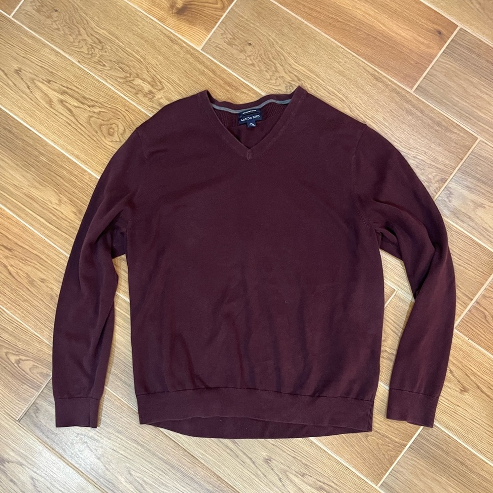 Lands’ End Supima Cotton V-neck Sweater XL Maroon Red